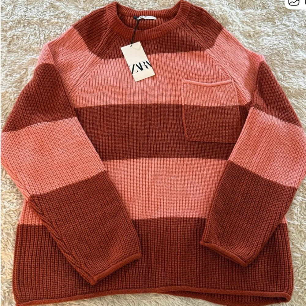 Zara Women's Crewneck Sweater - Pink and Brown Stripes